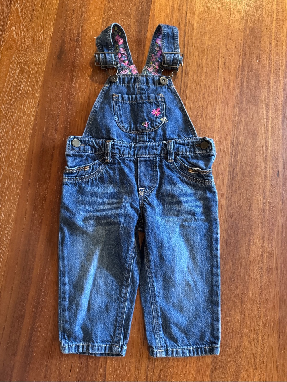 Oshkosh Denim Kids Overalls with Embroidered Pink Floral Accent 12m